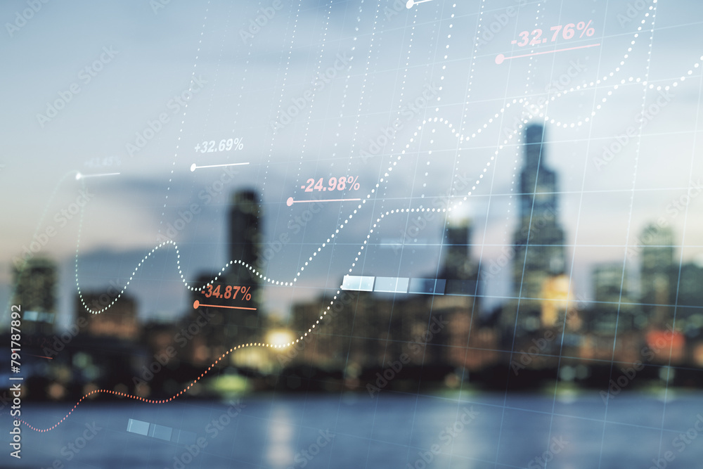 Poster double exposure of abstract creative statistics data hologram on blurry office buildings background,