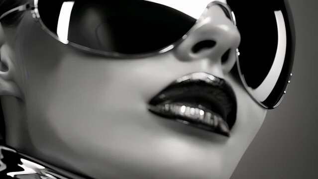 With a subtle smirk on her glossy black lips this woman exudes an air of mystery and sophistication as she peers out from behind a chrome mask that reflects the world around her. .