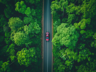 Aerial Photo: Dark Road in the Forest with Car Driving