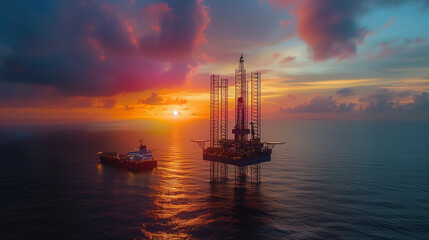 Aerial view offshore drilling rig at the offshore location during sunset. Gas and oil rig platform. Generative AI.