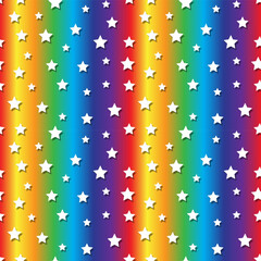 White stars on a bright rainbow background. Seamless pattern, print, vector illustration