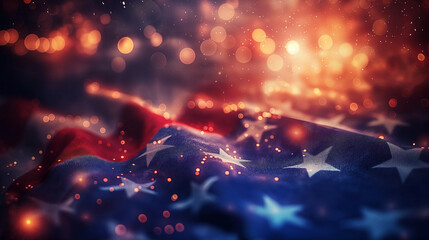 Obraz premium A close-up of an American flag surrounded by sparkling glitter and exploding fireworks in the background. displaying the patriotic spirit of the 4th of July.