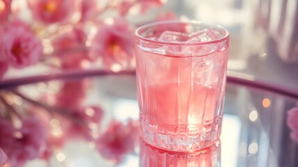 Pink lemonade with ice in a crystal glass on a table with a mirror surface. Copy space. Concept: summer drinks, menu for bar, alcoholic drinks, social media.