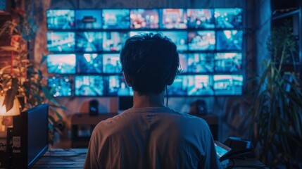 Person watching multiple screens at night