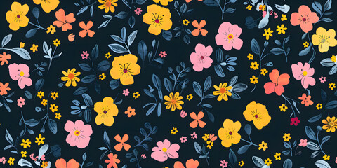 seamless pattern of childlike colorful flowers