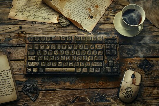 vintage image with a computer keyboard in the center