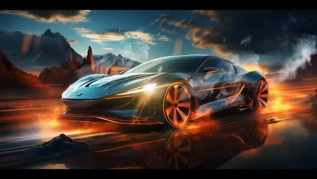 Futuristic Sport Car Drifting on Track with Light Trails Effect. Seamless Looping 4k Video Animation Background