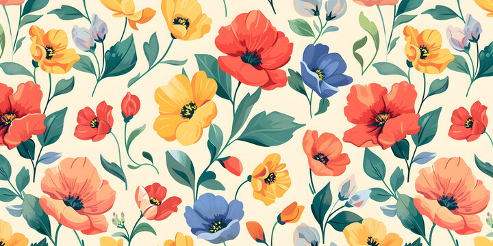 seamless pattern of childlike colorful flowers