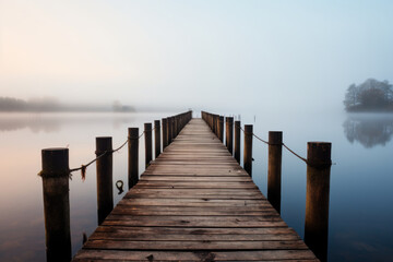 Obraz premium Foggy lake with wooden pier in serene landscape