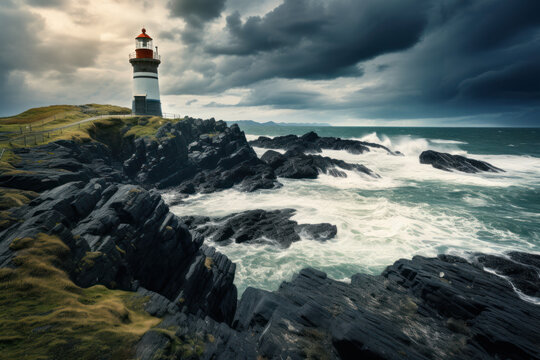 Coastal lighthouse with tumultuous ocean waves