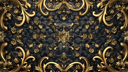 a gold and black wallpaper with a floral design