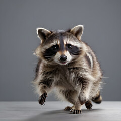 Portrait of a cute raccoon on grey background. Studio shot.
