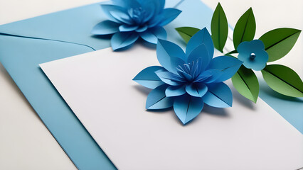 Paper origami flower with green leaves on a blue background. Origami flower.