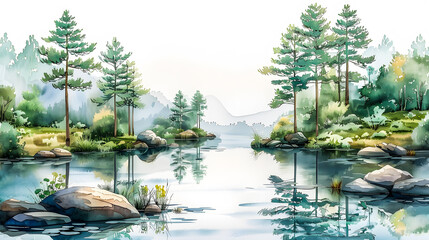 Paysage de montagne avec lac et sapin se reflétant dans l'eau - obrazy, fototapety, plakaty