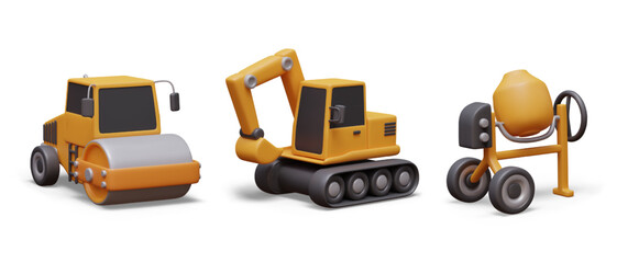 Road roller, excavator, concrete mixer. Heavy machinery and equipment