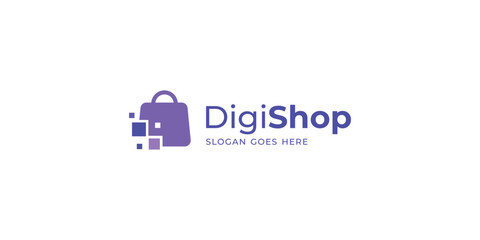 SImple Digishop Logo. Shopping Bag and Digital, Pixel Symbol with Minimalist Style. Online Shop Logo Icon Symbol Vector Design Inspiration.
