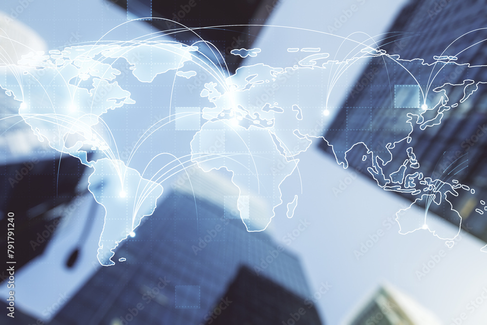 Poster double exposure of abstract digital world map hologram with connections on blurry cityscape backgrou