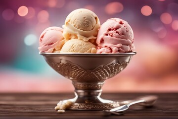 'four scoops ice cream vanilla strawberry mint chocolate white background isolated on cold summer...