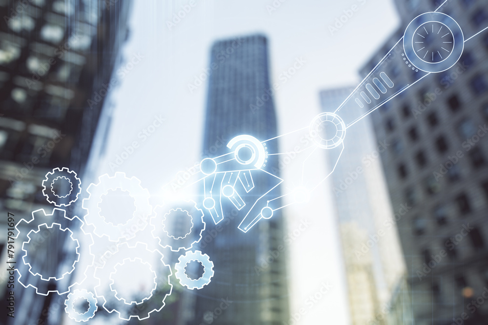 Aufkleber abstract virtual robotics technology sketch on blurry cityscape background, future technology and ai