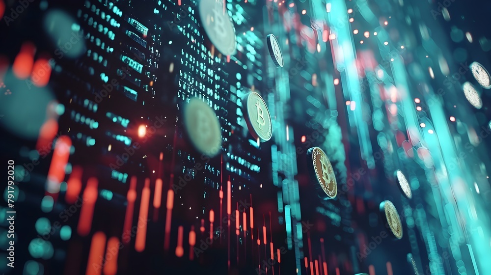 Poster financial concept of digital data flows and live trading charts in a high-tech environment