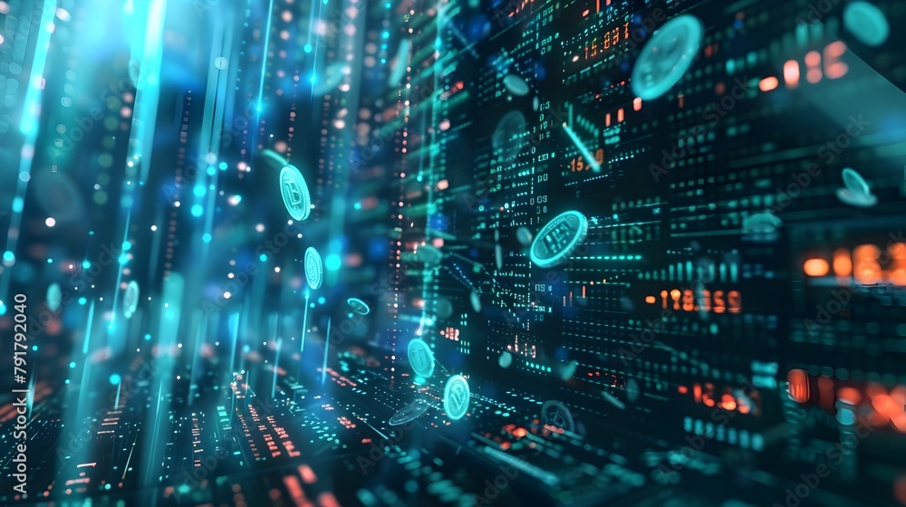 Aufkleber futuristic digital financial data visualization with flowing currency streams description:this