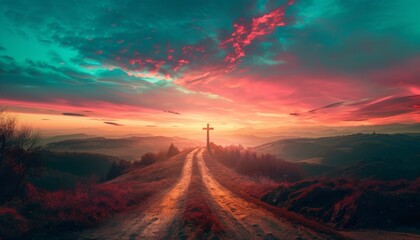 Red sky at sunset. Beautiful landscape with road leads up to cross. Religion concept.Christianity background Concept of hope, faith, christianity, religion, church kingdom of god - obrazy, fototapety, plakaty