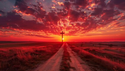 Red sky at sunset. Beautiful landscape with road leads up to cross. Religion concept.Christianity...