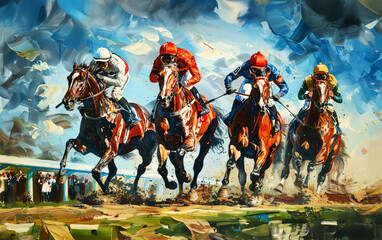 Illustration in watercolor or acrylic style of the jockeys racing the horses at the race course.