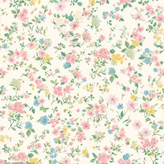 Vintage floral pattern, pastel pink and green tones, small flowers with leaves