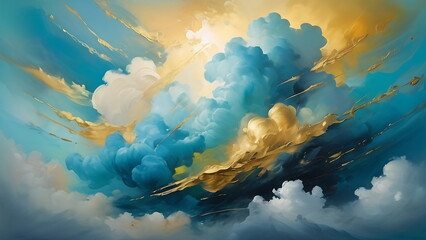 Abstract cloud oil Painting, Impressionism, Psychedelic Colors in blue and gold