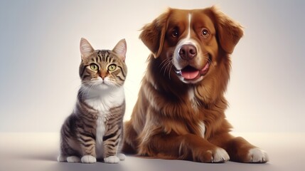 Portrait of Happy Dog and Cat Looking at Each Other

