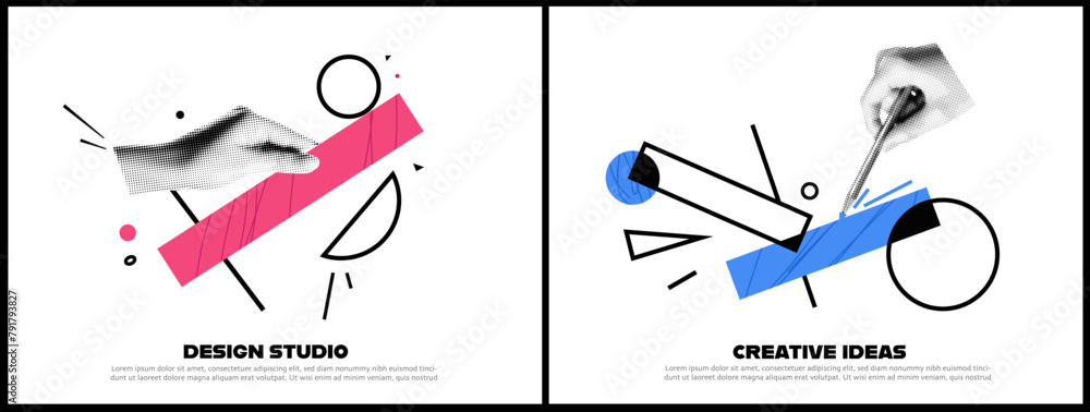 Aufkleber Set of Simple abstract compositions for modern graphic poster design with collaage elements.,  halftone effect shapes. team design and creative ideas banner template. 
