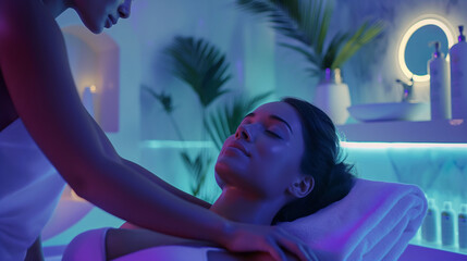 Beautiful woman is lying on her back in the spa, and another person's hands are massaging around her neck, in an elegant room with neon lights in relaxing atmosphere.
