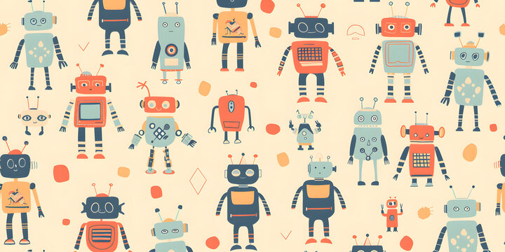 seamless pattern of childlike colorful robots