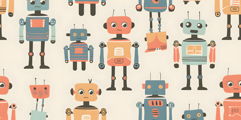 seamless pattern of childlike colorful robots