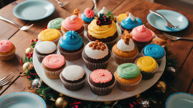 photo delicious cupcakes on table for birthday party