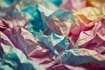 Abstract rainbow background, crumpled torn paper effect, pastel vibrant colors, pink, turquoise, yellow and purple.