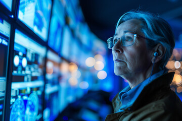 senior supervisor overseeing the operator system monitoring room, with a blue background conveying professionalism and authority, emphasizing the importance of diligent supervision - obrazy, fototapety, plakaty