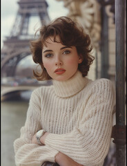 an attractive woman wearing a large puffy white sweater, leaning on the railing at Place de la Tour Eiffel in Paris with a silver watch and short brown hair