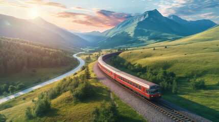 A brightly colored train rides on rails through the picturesque landscapes of mountains and fields - obrazy, fototapety, plakaty