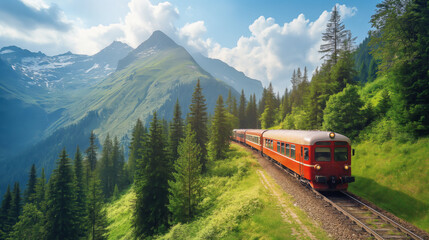 Fototapeta na wymiar A brightly colored train rides on rails through the picturesque landscapes of mountains and fields