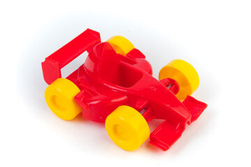 toy motor racing car, for children's fun and play, front closeup view, isolated on white background. For the development of the child. - 791795206