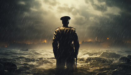 Raindrenched soldier overlooking a highstakes military encounter on turbulent waters, an evocative image for a film noirstyle war movie or a suspenseful naval operations story
