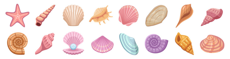 Sea shell beach icons set.