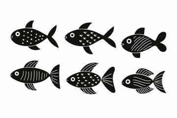 Set of fun and cute black and white fish. Vector illustration