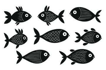 Set of fun and cute black and white fish. Vector illustration