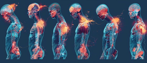 Illustration of body pain, injury icon set, anatomy silhouette. Design body point pain template. Weak neck, headache, heartburn, and cough. Medical treatment infographic concept.