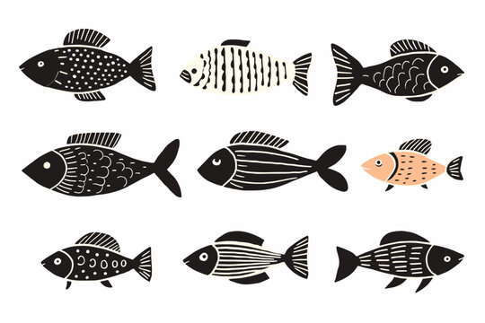 Set of fun and cute black and white fish. Vector illustration