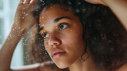 Concerned Young Adult Seeking Solution: Close-up Portrait of Individual Examining Dandruff in Hair - obrazy, fototapety, plakaty