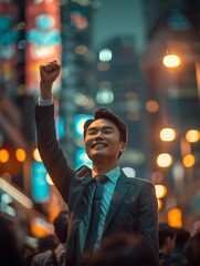 Generative AI : young Chinese man in a suit stood up to cheer his victory